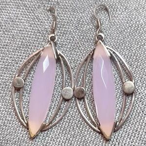Handcrafted Sterling Silver & Center Faceted Marquise Rose Quartz Oval‎ Earrings